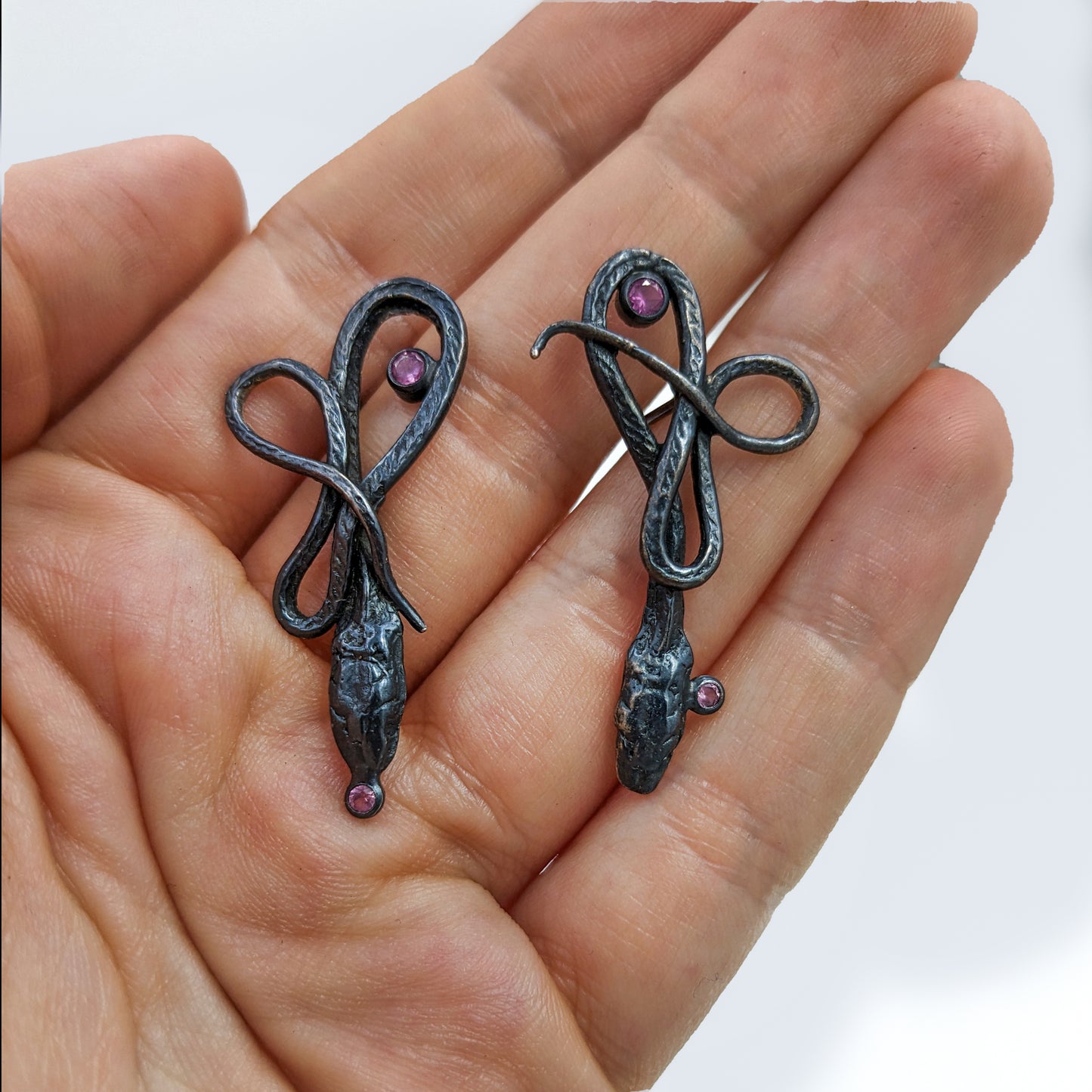 Small Blackened Silver Tourmaline Serpentine Earrings